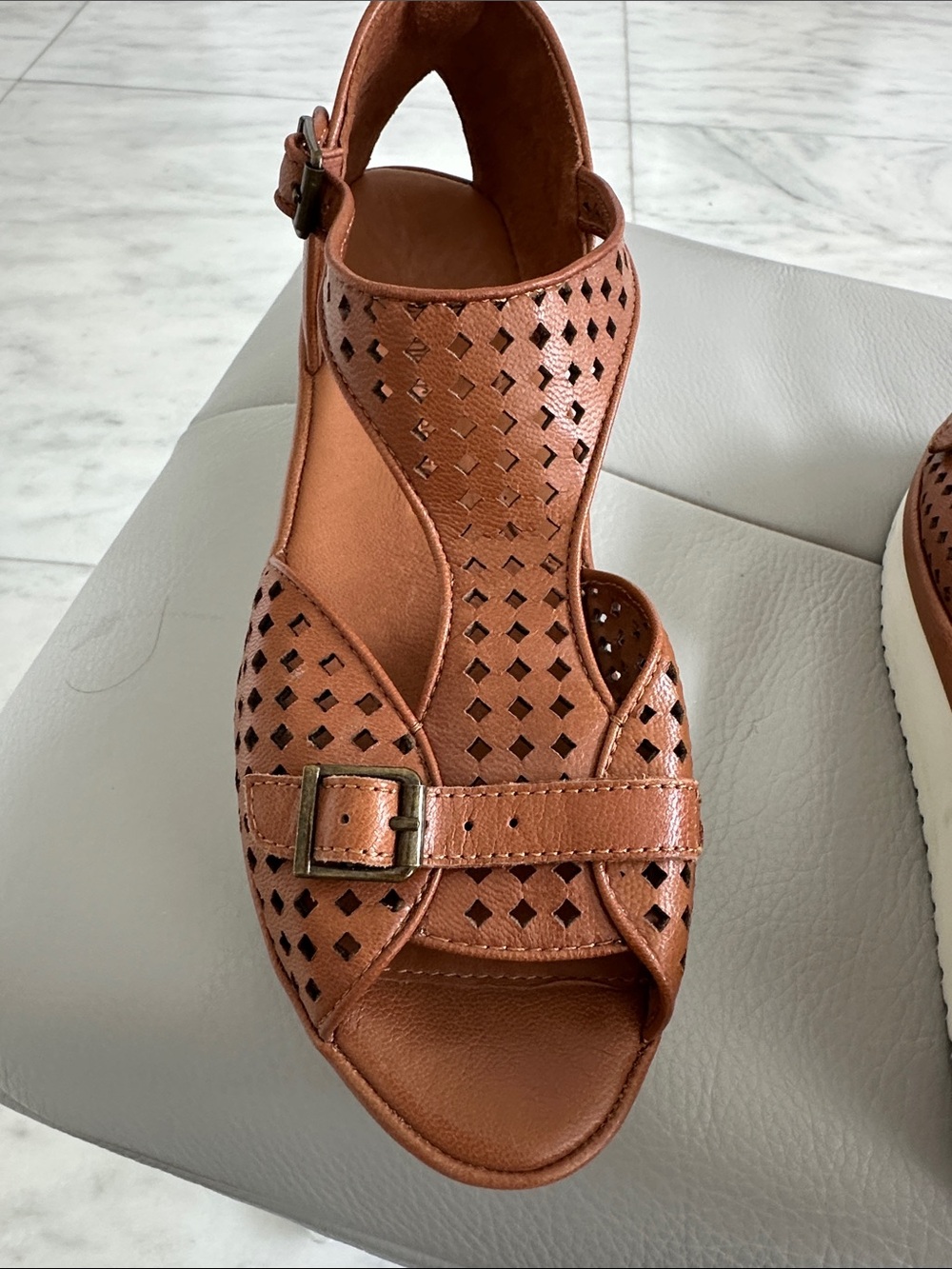 Women's Tan Perforated Buckle Wedge Sandals - Picture 8 of 9